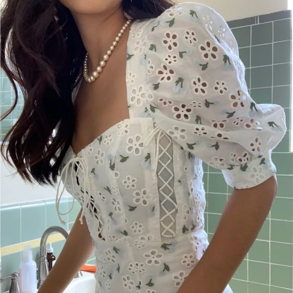 FOR LOVE AND LEMON 🍋 White Floral Eyelet Dress with Puff Sleeves